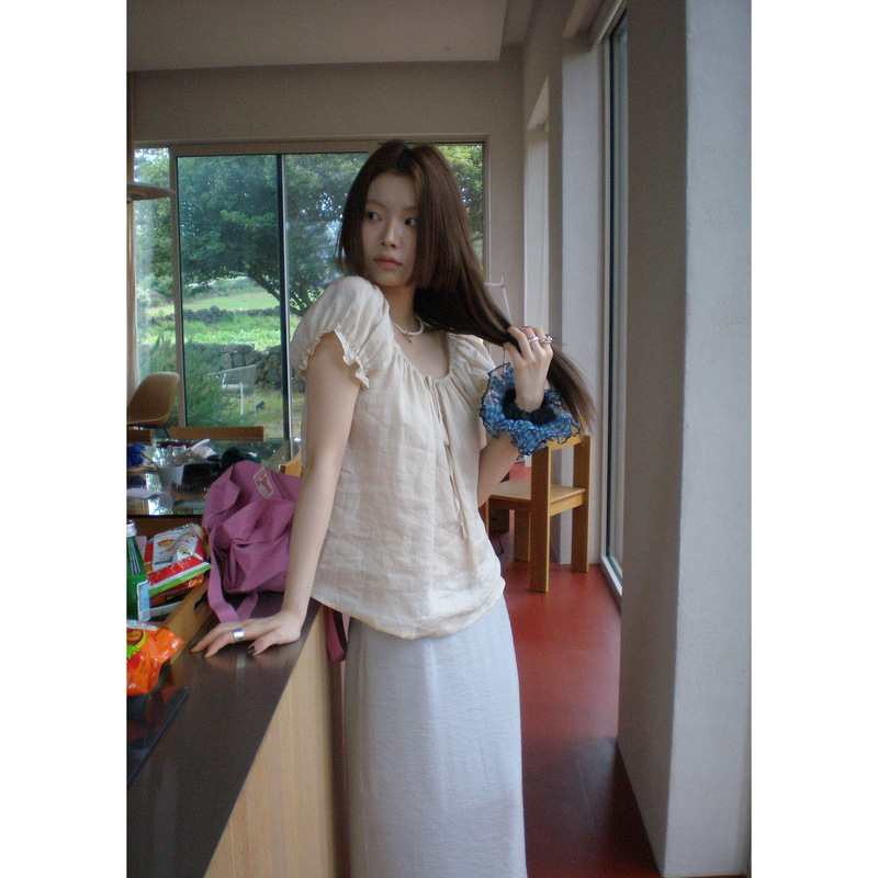 Helloooeat 100% Ramie Elastic Square-Neck Tie-Front Puff-Sleeve Top, Skin-Friendly Slightly Sheer Short-Sleeve Shirt