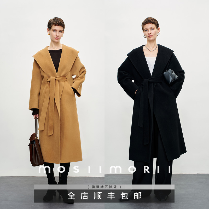 【카웨이지아오】100% 울 롱 코트, 라지 라펠, 미디엄 롱, 라이트 럭셔리 코트, 여성스러운 스타일