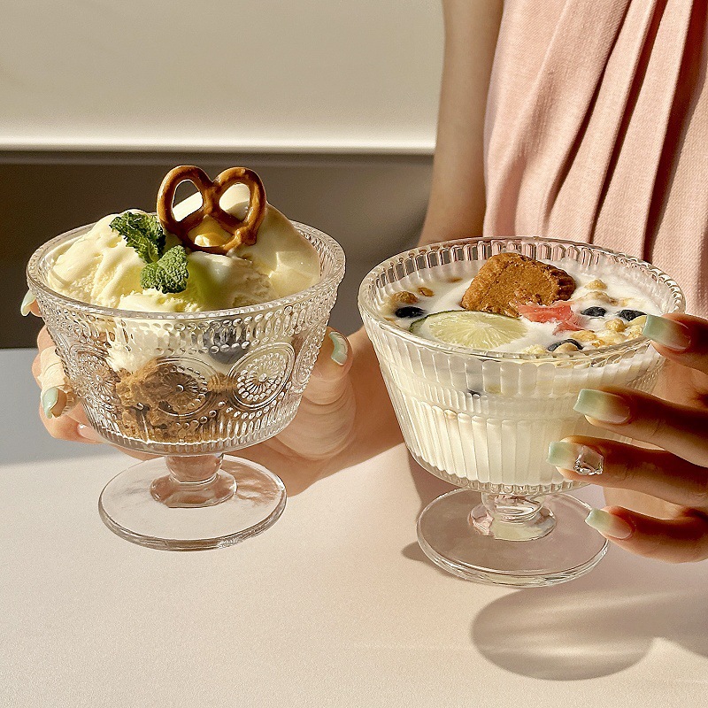 Retro en relieve sol de vidrio bol inswind helado casero helado helado bol yogur avena desayuno bol postre