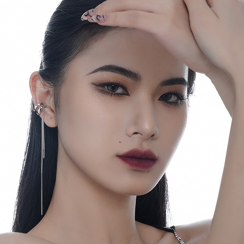 E5123 Tassel ear clip Korean version S925 sterling silver chain micro-inlaid zircon ear bone clip for women without pierced ears double layer hollow