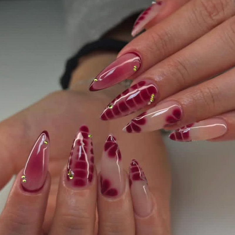 Wine Red Gradient Snake Pattern Wearable Nails with Rhinestones, Sweet and Cool Spicy Girl Style Long Almond-Shaped Nail Stickers Wholesale Fake Nails Wine Red Gradient Snake Pattern Wearable Nails with Rhinestones, Sweet and Cool Spicy Girl Style Long Almond-Shaped Nail Stickers Wholesale Fake Nails