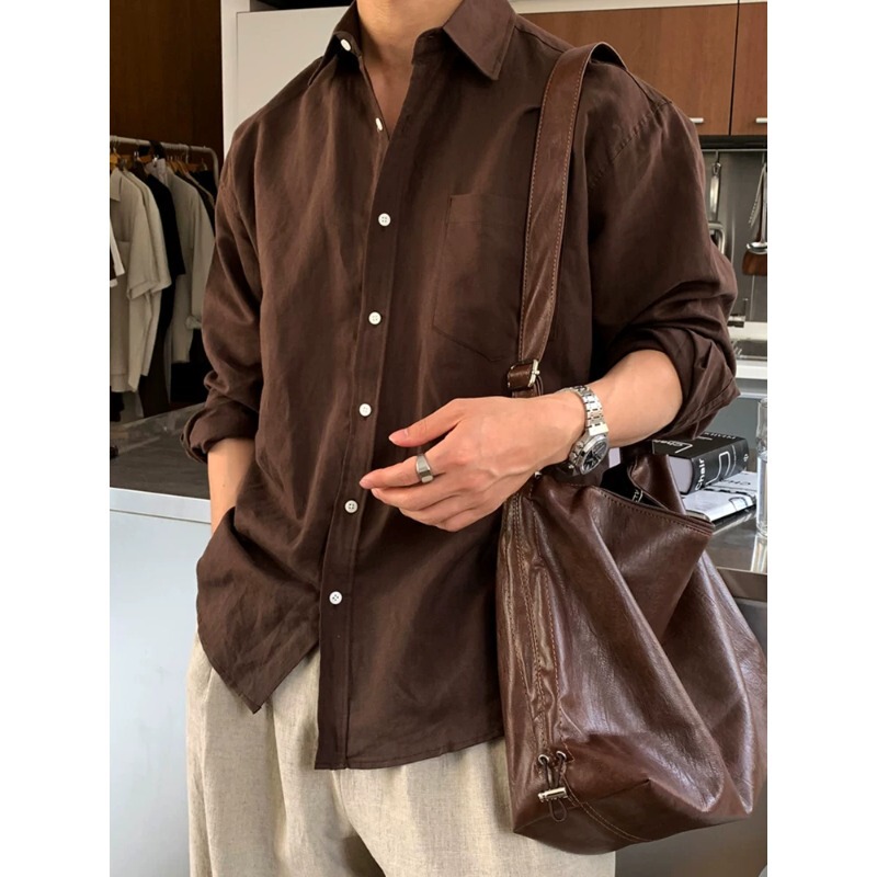 Cross-Border Cotton and Linen Long-Sleeve Shirt for Men, Spring and Autumn Korean Style Trendy Stylish Versatile Solid Color Jacket, Melard Brown Ins Cross-Border Cotton and Linen Long-Sleeve Shirt for Men, Spring and Autumn Korean Style Trendy Stylish Versatile Solid Color Jacket, Melard Brown Ins