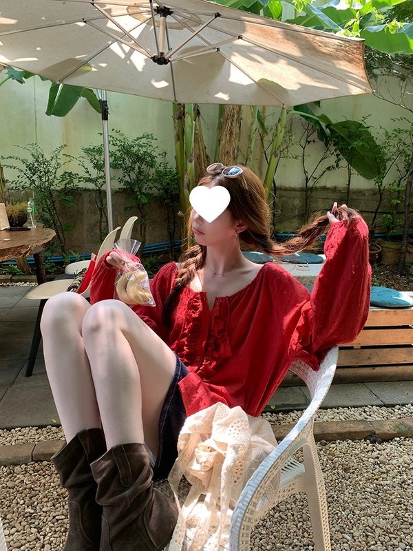 【现货】im向弗里落日蕾丝花边可调节领口提花衬衫女防晒长袖衬衣|undefined
