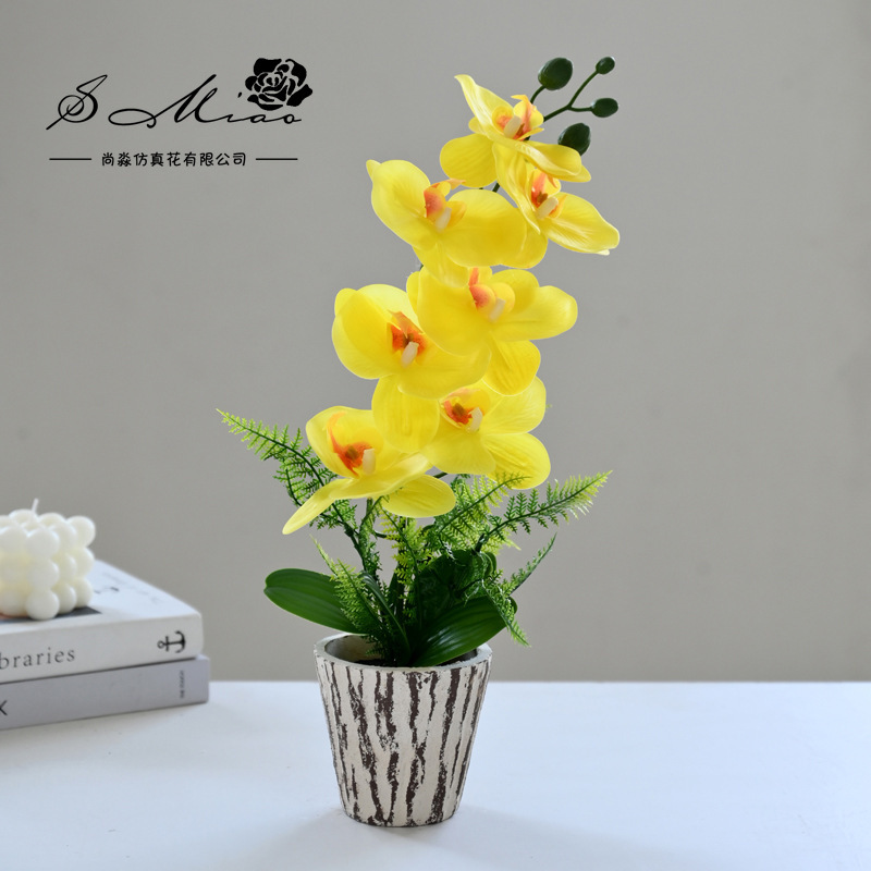 8 flores 3 hojas se sienten Phalaenopsis bonsai flor artificial de gama alta sala de estar decoración floral artificial en maceta flor artificial image 1