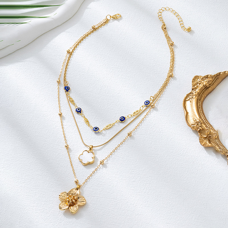 Collier pendentif fleur plissée dorée, tendance européenne et américaine, pour femme, style multi-rangs._voghion.com