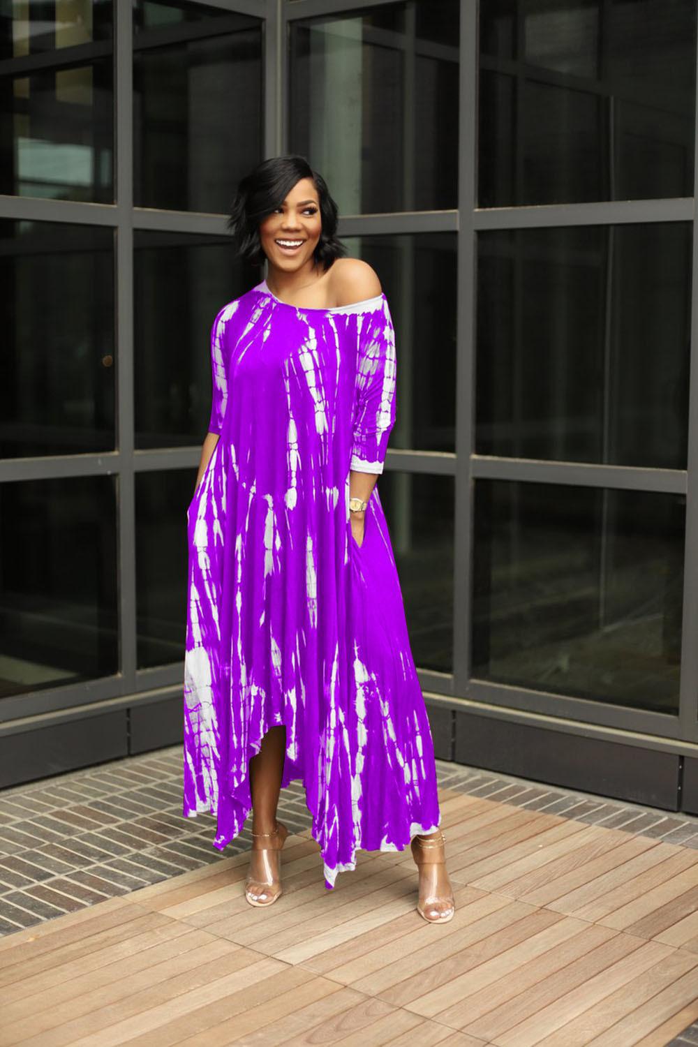 wide neck tie-dye split long dress NSRM59036