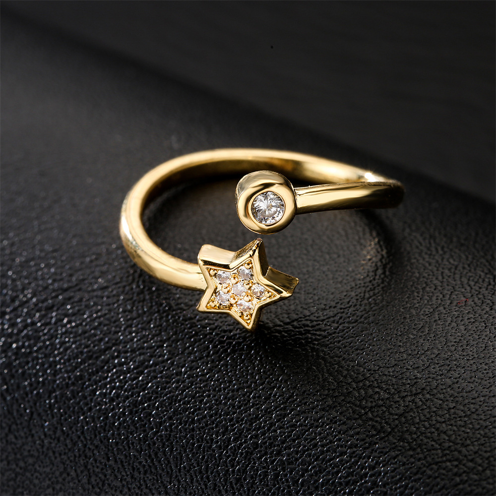 New Copper Micro-inlaid Zircon Jewelry 18k Gold Plated Five-pointed Star Open Ring display picture 3