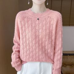 2025春夏の新型丸首透かし編みニット女性のゆったりとしたカジュアルセーターの頭はだらだらしています。