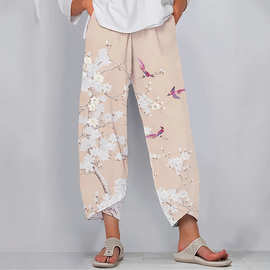 厂家直销女式休闲裤亚马逊外贸春夏碎花印花宽松直筒女装棉麻裤子