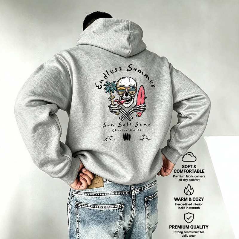 Vintage surf skull hoodie with a strong American retro vibe