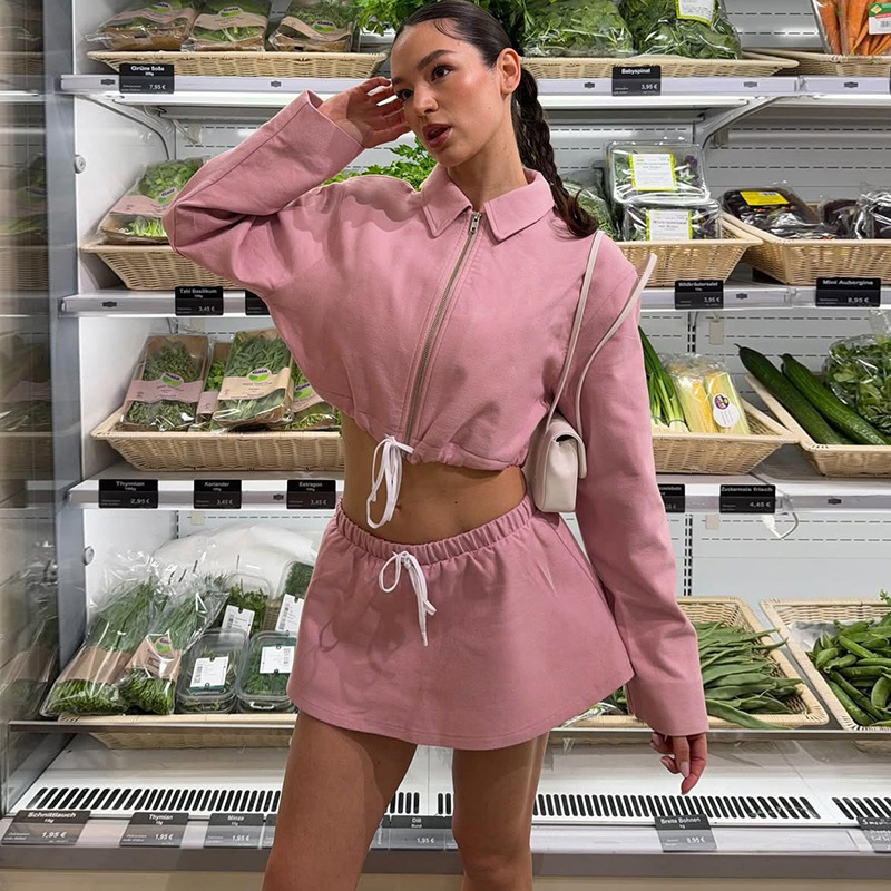 European and American Style Cross-Border Women's Clothing Autumn New Fashion Solid Color Stylish Street Style Lapel Zipper Short Top and Skirt Set European and American Style Cross-Border Women's Clothing Autumn New Fashion Solid Color Stylish Street Style Lapel Zipper Short Top and Skirt Set