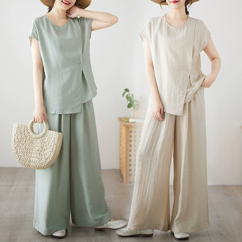 Реальная стрельба #2025 Новый Трисс льняный свободный повседневный летающий рукав широкие брюки новый китайский модный набор