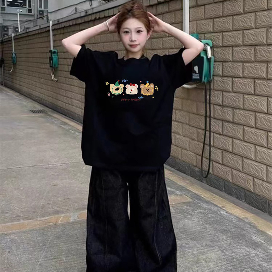 Pure Cotton American-Style Cartoon Print Black Short-Sleeved T-Shirt for Women, New Summer Design, Loose Large Size Half-Sleeved Top