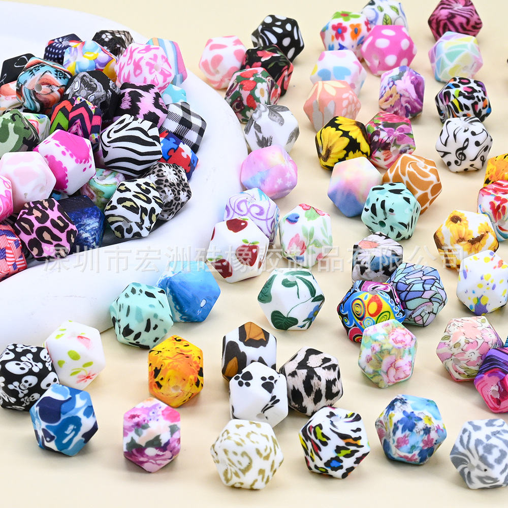 【宏洲】14MM六边形八角珠水转印亚马逊DIY串珠配饰散珠现货批发