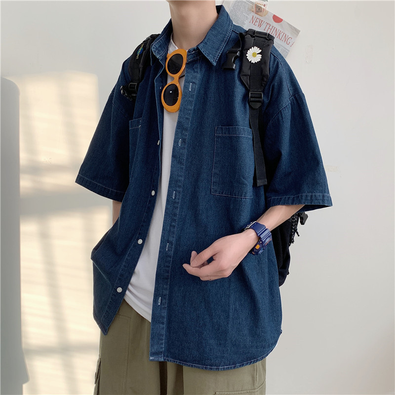 宽松批韩版夏季男士衬衫情侣现货5短袖半袖牛仔新款分短袖衬衣男