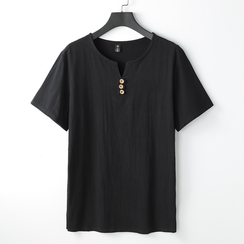 Camiseta de manga corta con cuello alto y tamaño extra gordo para hombre, estilo chino de verano, algodón y lino con aberturas, camiseta de media manga suelta y gorda