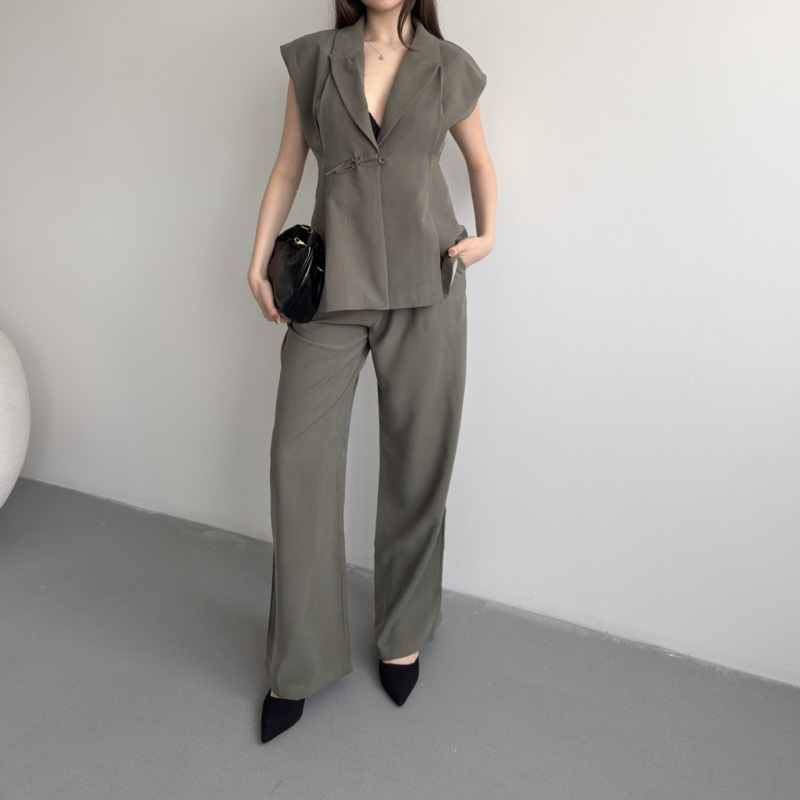 2026 European and American Amazon Women's New V-Neck Drawstring Waist Slim-Fit Top High-Waisted Wide-Leg Pants Commuter Set
