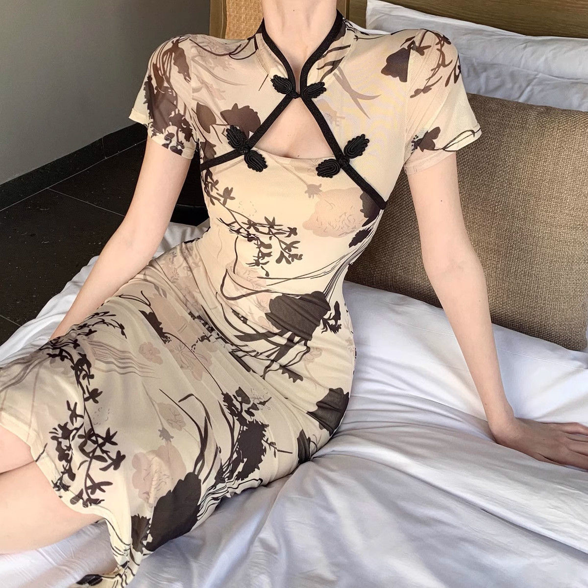 Fashion Simple Qipao Young Girls, High-end Retro Print, Waist-cinching Slimming Improved Chinese-style Dress For Women_ecoleips.com