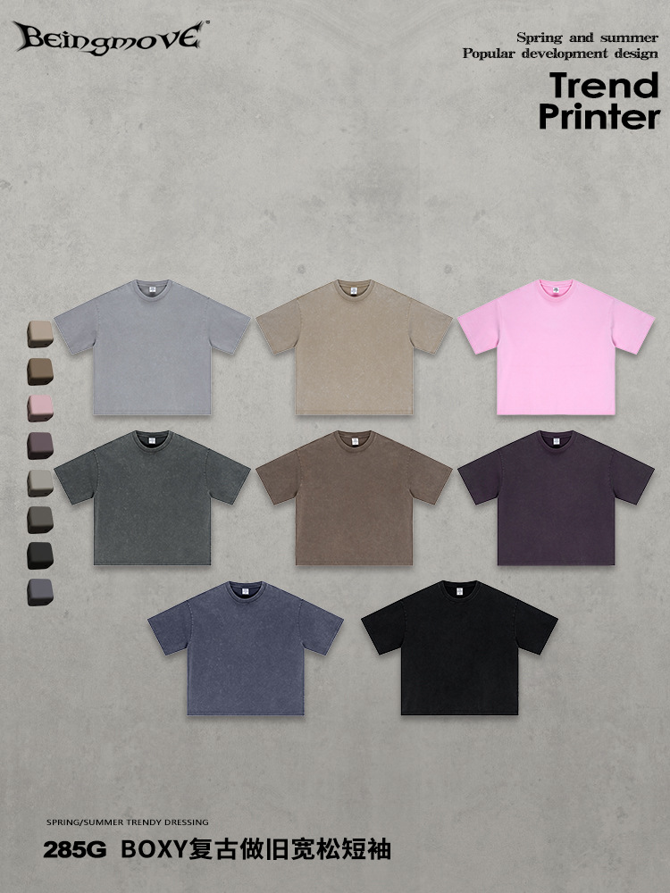 Calle secada| Verano americano retro hacer viejos boxy cuello redondo suelto camiseta de manga corta gran tamaño adolescente hombre transfronterizo