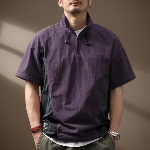 American Style Functional Windproof Dry Ice Silk Polo Shirt Men's Short Sleeve T-Shirt Summer Outdoor Lightweight Half Zip Casual T-Shirt