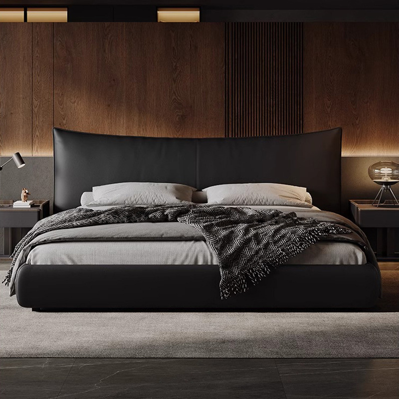 Cama de cuero minimalista italiana Chanel, primera capa de cuero de vaca, cama doble, cama de cuero suave negra de 1.8 m