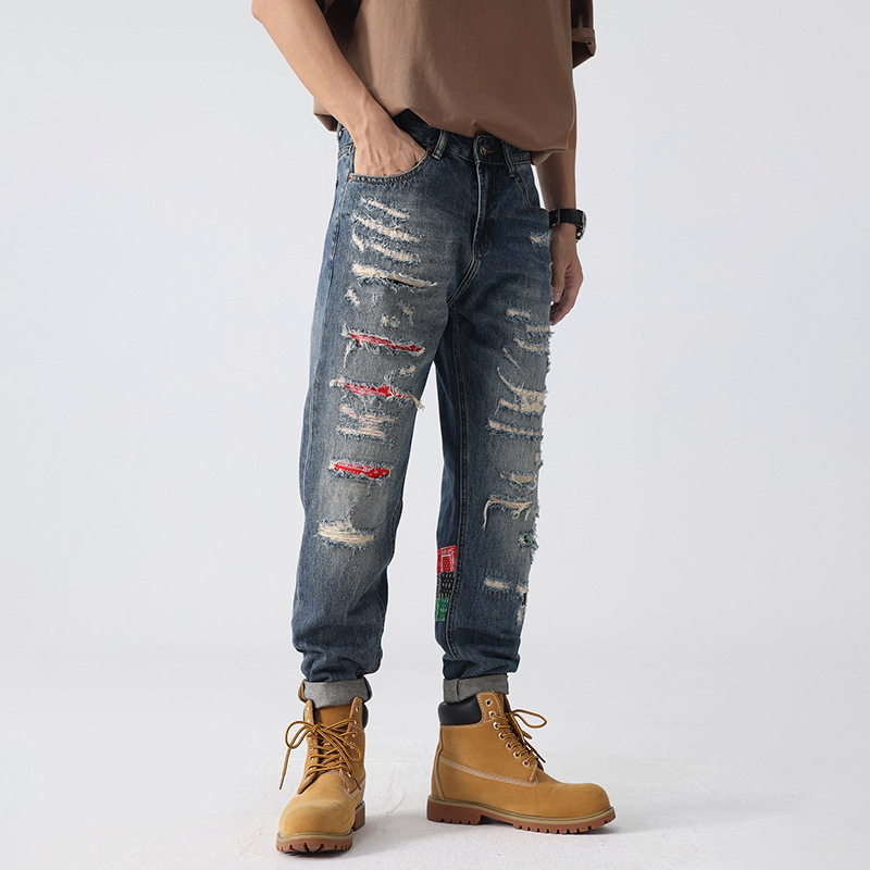 Autumn 2024 Trendy Brand Heavy Jeans Ripped Patch Old Non-elastic Denim High Street Loose Fashion Straight Pants Autumn 2024 Trendy Brand Heavy Jeans Ripped Patch Old Non-elastic Denim High Street Loose Fashion Straight Pants