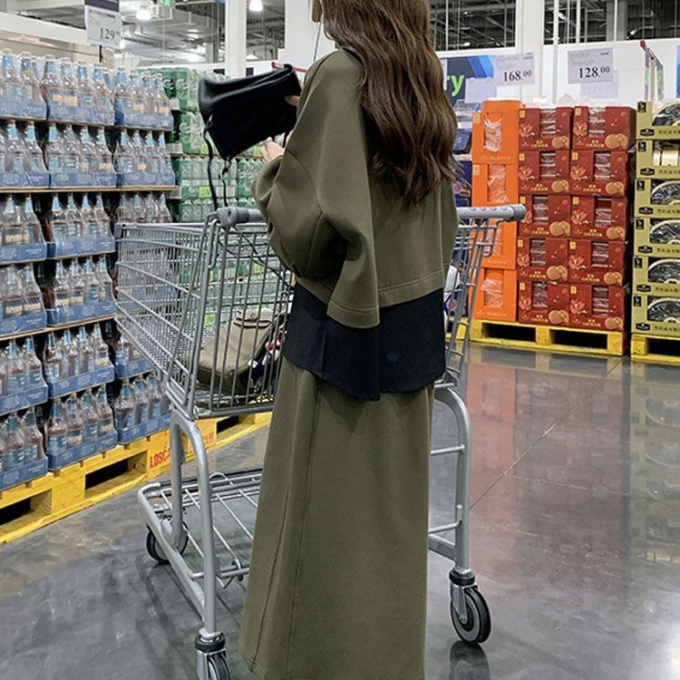 早秋气质穿搭撞色拼接假两件卫衣女高腰遮胯显瘦半身裙子两件套装