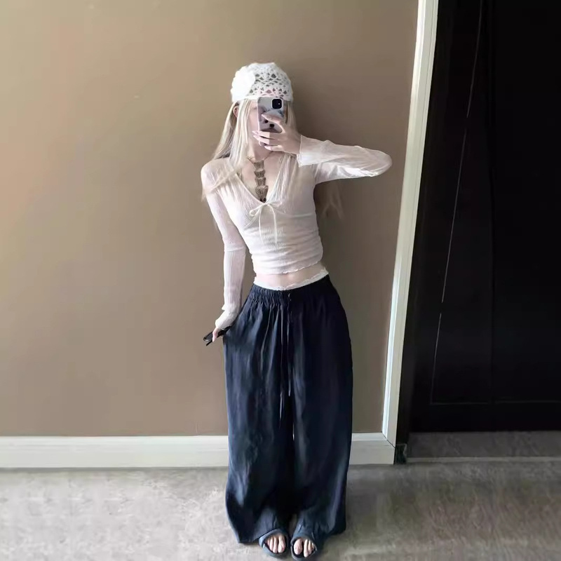 2024 Pure Desire Bow Strap Lace Stitching T-shirt Early Autumn Slim-fit Slimming Short Fashion Top ins