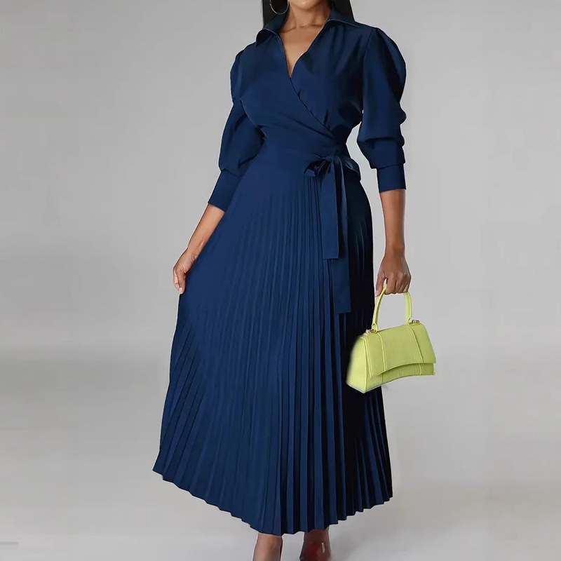 European and American Cross-Border Hot-Selling 2025 Autumn New V-Neck Long-Sleeve Coat with Pleated Dress and Waist-Cinching Elegant Women's Clothing