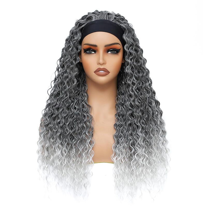 Headband Wig Deep Wave Synthetic Wig Ladies Natural Looking Gray Headband Wig Curly Wavy Wig
