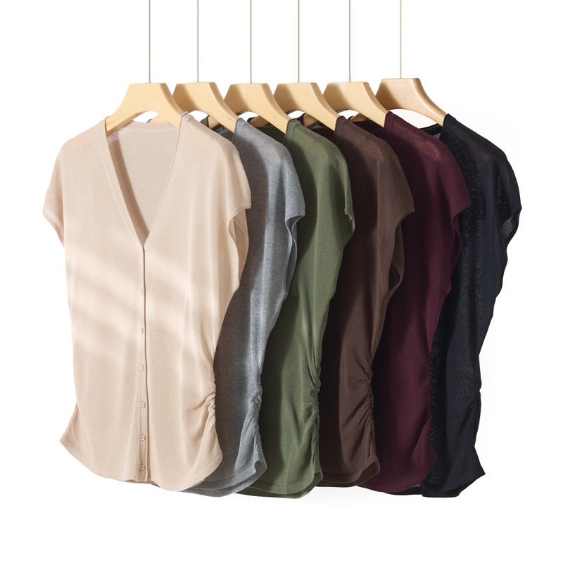 Spring and Summer Simple V-Neck Knitted Cardigan for Women, Thin Short-Sleeved Sun Protection Clothing, Waist-Cinching, Pleated, Slim-Fitting T-Shirt, Trendy Outerwear Spring and Summer Simple V-Neck Knitted Cardigan for Women, Thin Short-Sleeved Sun Protection Clothing, Waist-Cinching, Pleated, Slim-Fitting T-Shirt, Trendy Outerwear