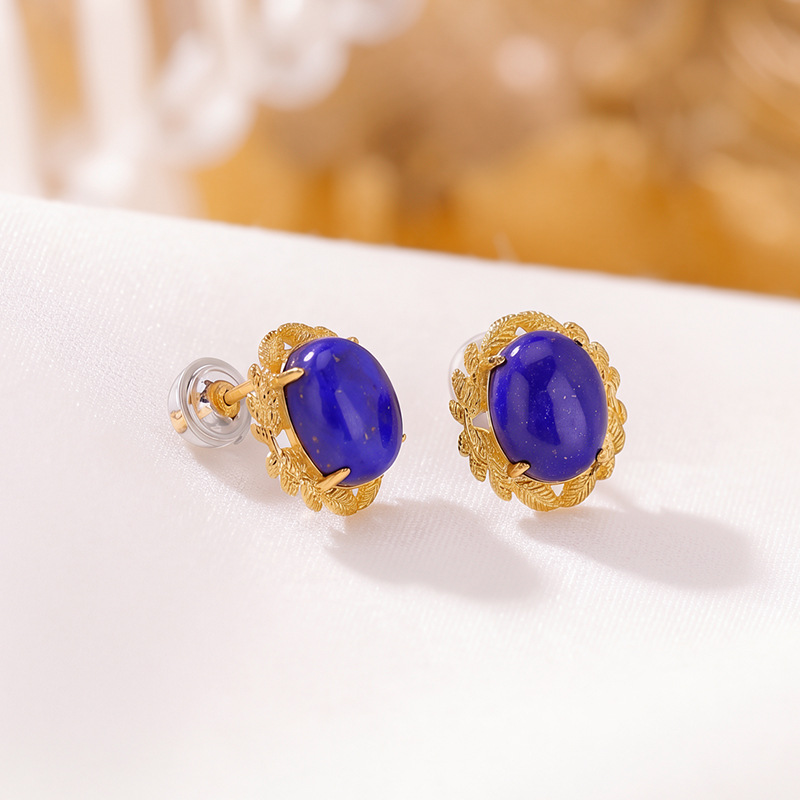 Bông tai bạc S925 mạ vàng đính đá Lapis Lazuli hình trứng vintage — Cặp đôi