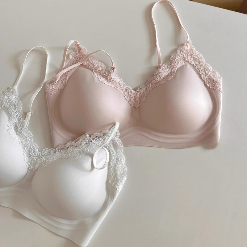 小さな胸の女性向けのシームレスレースゼリーストリップブラ、美背中、細い肩紐ブラ、夏用薄手、高級感|undefined
