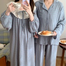 韩国ins女士韩版情侣甜美公主风宽松软棉双纱慵懒长袖家居服套装