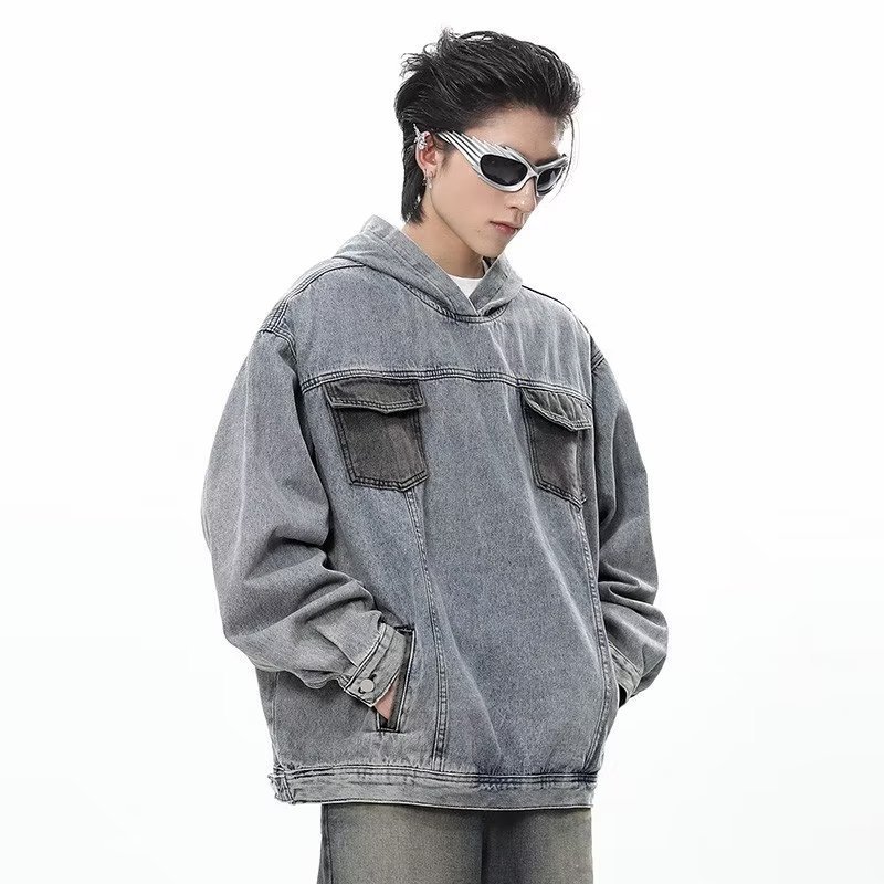 Sudadera vaquera de alta gama, chaqueta tipo jersey vintage para hombre, chaqueta con capucha holgada de marca de moda._voghion.com
