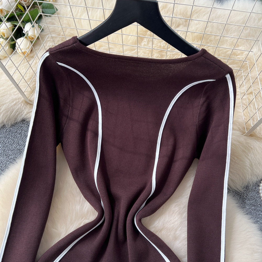 Women's Clothing High End Niche Fashion Women's Slim Long Sleeve Sweater Dress With Contrast Color Edge Stitching Waist Round Neck Style_ecoleips.com