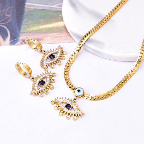 European and American exaggerated style full diamond eye pendant titanium steel flat clavicle chain blue devil's eye earrings necklace set