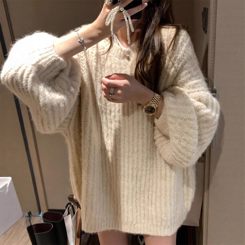 Lazy Style Loose Soft Waxy Round Neck Lantern Sleeve Knitwear for Women 2025 Autumn and Winter Pure Color Vertical Pit Strip Large Size Knitwear Lazy Style Loose Soft Waxy Round Neck Lantern Sleeve Knitwear for Women 2025 Autumn and Winter Pure Color Vertical Pit Strip Large Size Knitwear