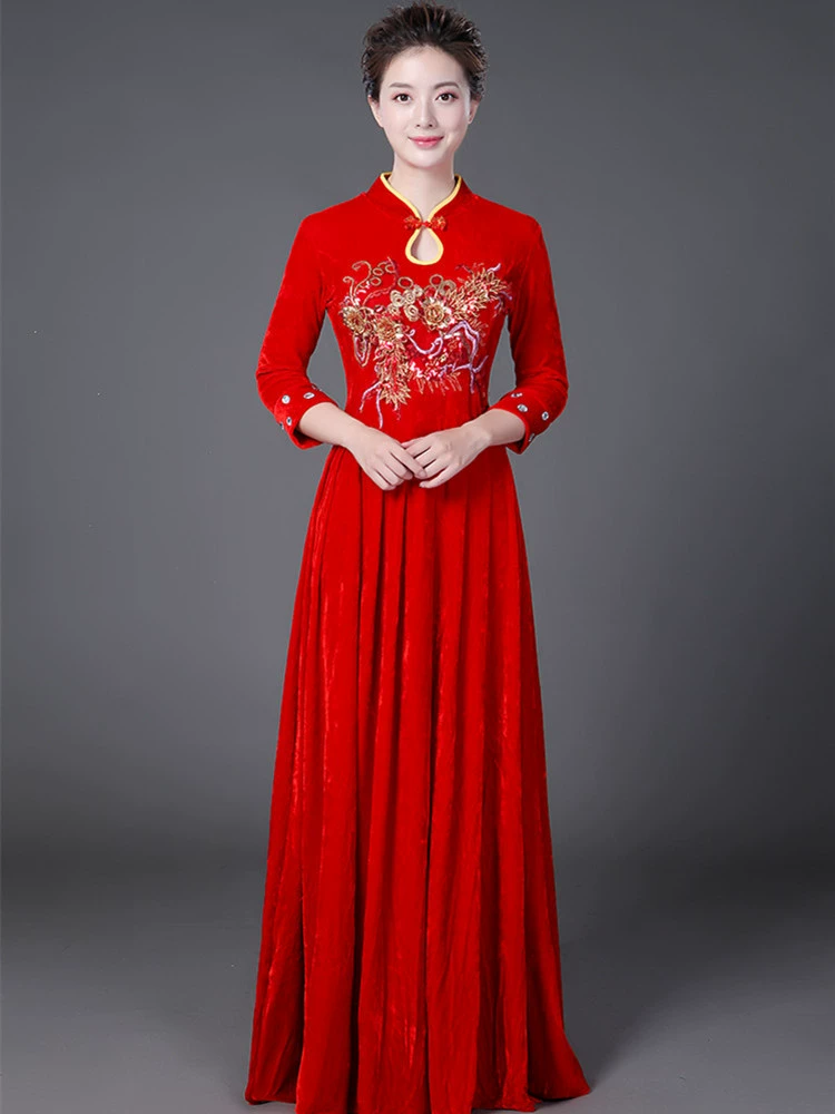 Костюм хора из золотого бархата, женское длинное платье, костюм для конкурса Красной песни для людей среднего и пожилого возраста, элегантное платье для ежегодных встреч