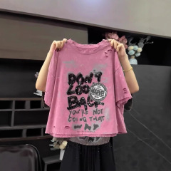特大サイズ 150kg ファット mm 夏デザインリッピングプリントスパンコール半袖 Tシャツレディースルーズラウンドネックトップトレンディ