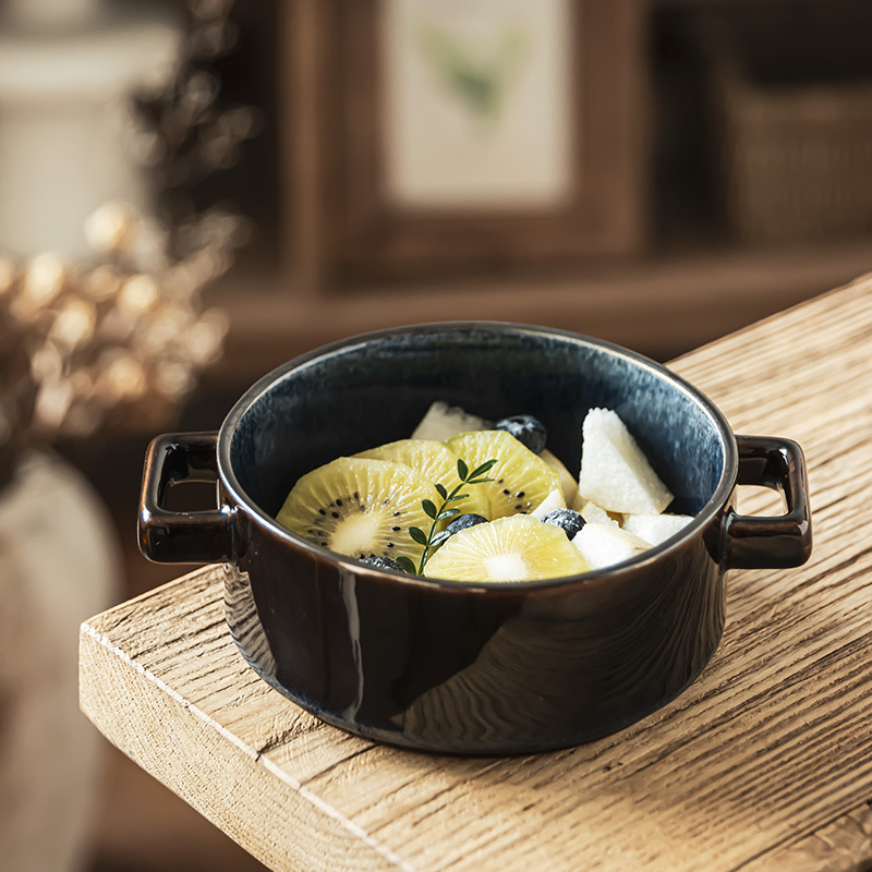 Retro hielo agrietado esmalte cerámico dos oídos tazón tazón de frutas tazón de restaurante tazón de platos cubiertos tazón de bocadillos redondo tazón de fideos
