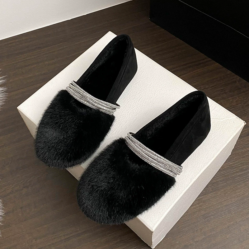 2025 новый стиль теплые хлопковые туфли для женщин с камнями, плюшевые меховые туфли на плоской подошве, верхняя обувь, женские туфли больших размеров 41-43