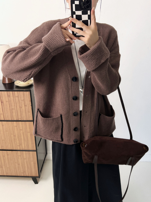 韩系大码慵懒风针织开衫女2025秋冬新款宽松简约休闲口袋毛衣外套|undefined