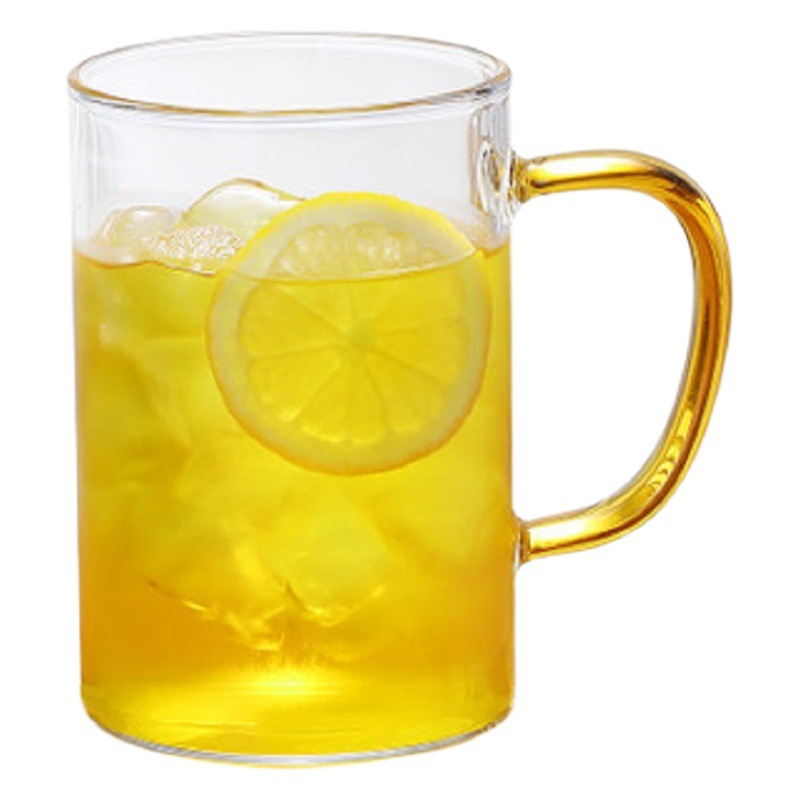 Taza de agua de mango de color recto de borosilicato al por mayor de fábrica con mango taza de té verde transparente de vidrio engrosado de una sola capa para el hogar