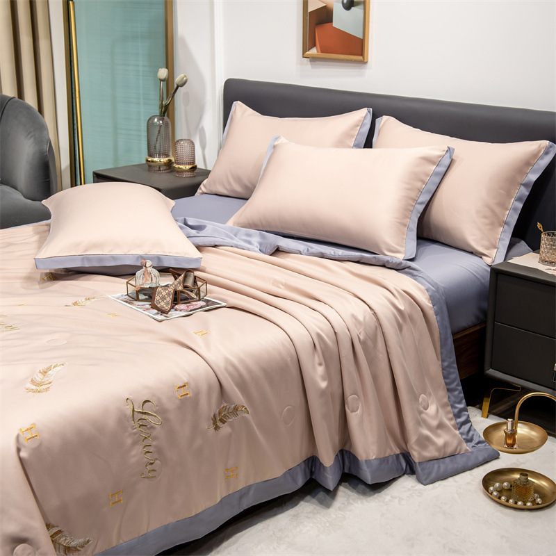 Water-washable silk air conditioning comforter summer cool comforter set four-piece single or double duvet insert summer thin blanket ice silk summer comforter machine washable
