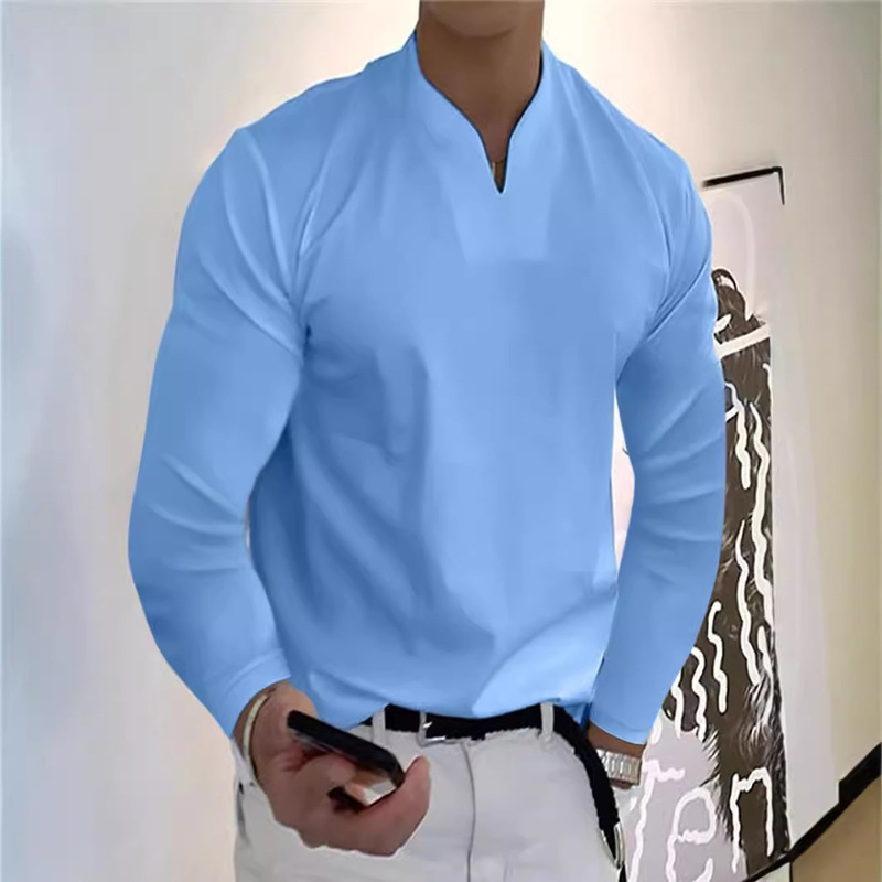 Foreign Trade Muscular Men's Fitness Plus Size Sports T-Shirt Men's Elastic Cotton Short-Sleeved Summer V Neck Long-Sleeved Polo Shirt