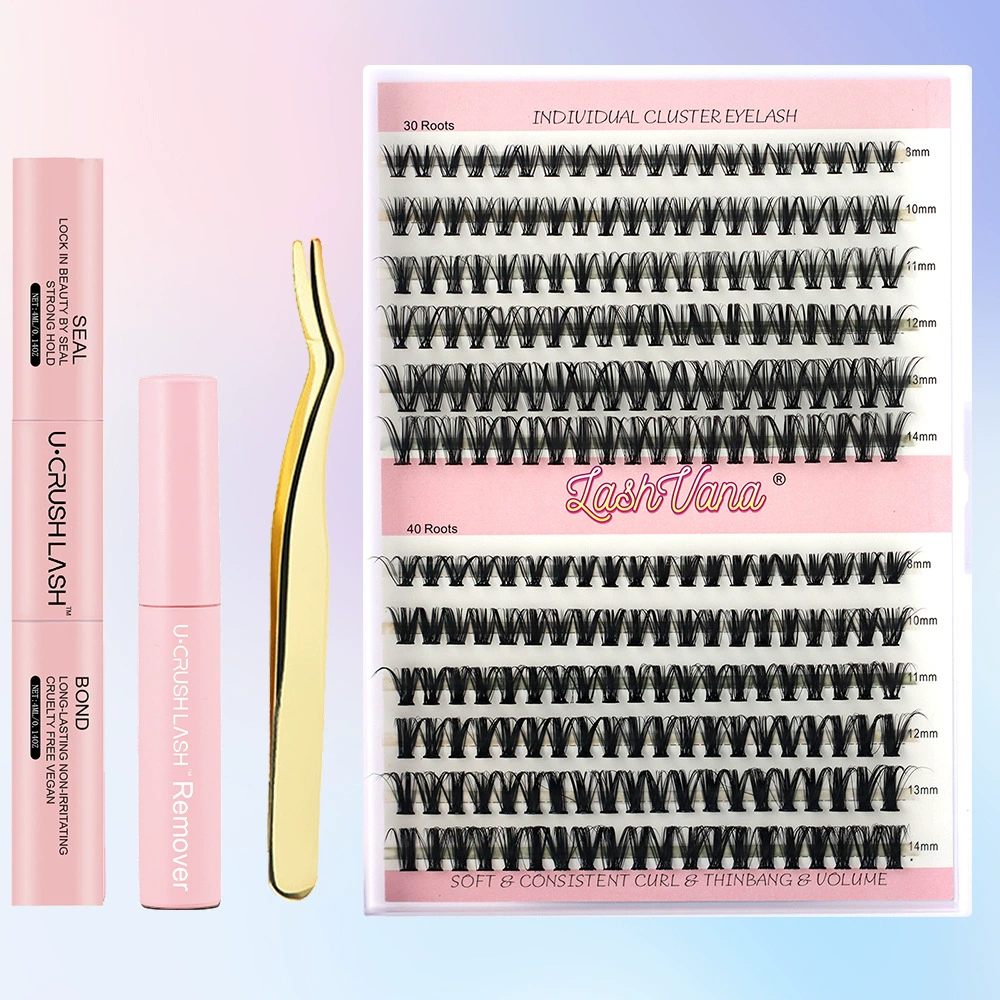 Набор индивидуальных клешей ресниц False Eyelashes, смесь 30D+40D, лотки на 40 корней, пинцет и средства удаления