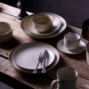 Dish Set, Rustic Tableware, Ceramic Rice Bowl, Dinner Plate, Vintage Deep Plate, Soup Bowl, Noodle Bowl, Bone Dish, Plate, Retro Style