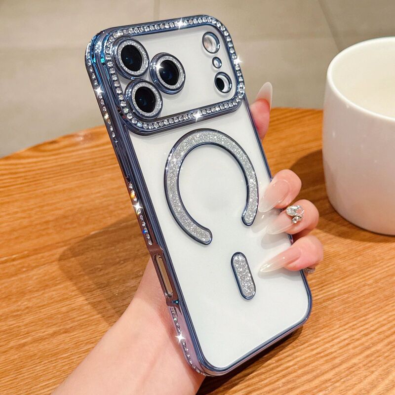 适用iPhone17Pro边钻磁吸电镀透明手机壳苹果16闪粉镜头膜保护套|undefined