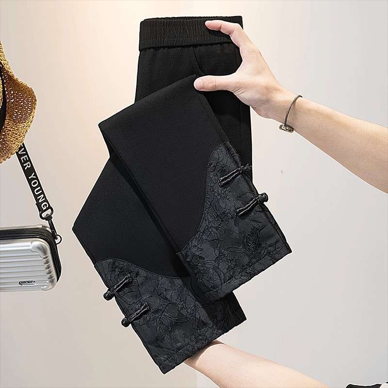 Chinese Style Buttoned Straight-Leg Cigarette Pants for Women, 2026 Autumn, Black, High-Waisted, Stretchy, Slimming Casual Pants, Trendy